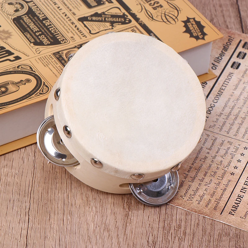 4 Inch Hand Held Tambourine With Metal Single Row Jingles Sheepskin Drum Skin Wooden Tambourines Entertainment Musical Toy