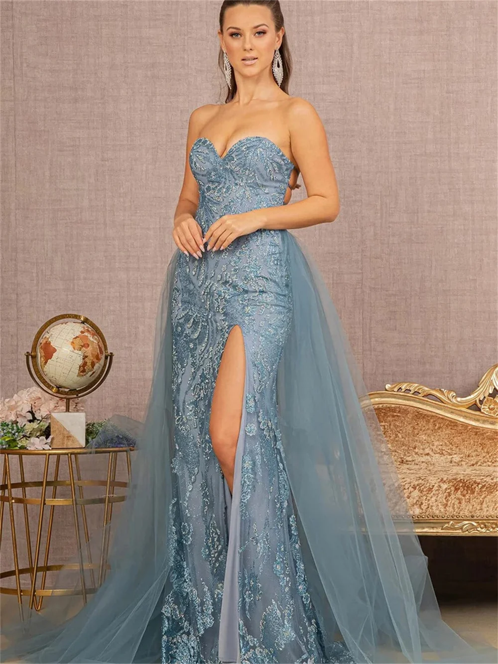 Vestido Fishtail Prom com estampa de renda, Vestido até o chão, Fenda lateral, Vestidos de noite encantadores, Clássico e elegante