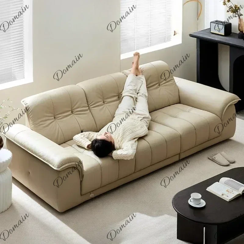 PJX 1-shaped Minimalist Modern Genuine Leather Cloud Sectional Lazy Couch Living Room First Layer Cowhide Straight Row Petal Sof