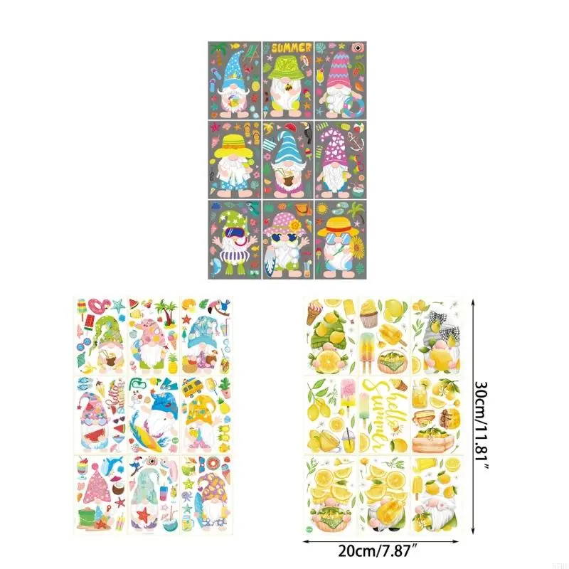 57BE Summer Window COLINGS 9 SHOETS GNOMES NOWSE TOPERSIONS BEATHER Party Decorations Double -Side Static Gall Secal