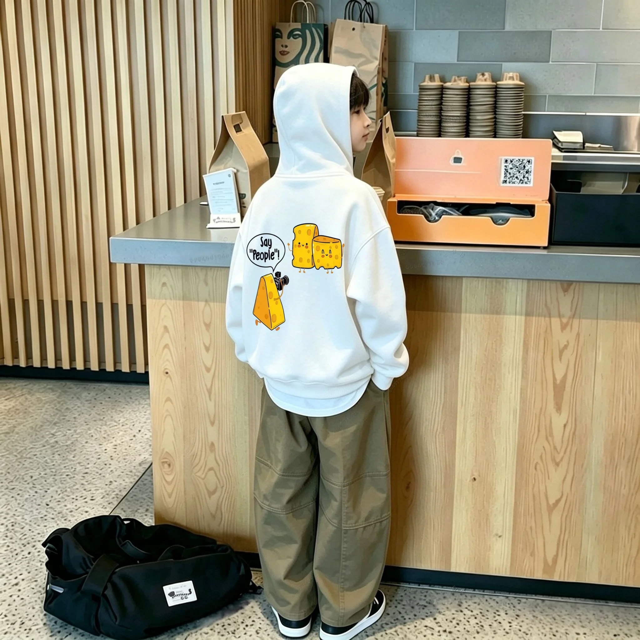 Y2K Autumn/Winter New Style Cute Cartoon Cheese Cheese Fun Back Print Loose Middle-Size Children's Hooded Jacket