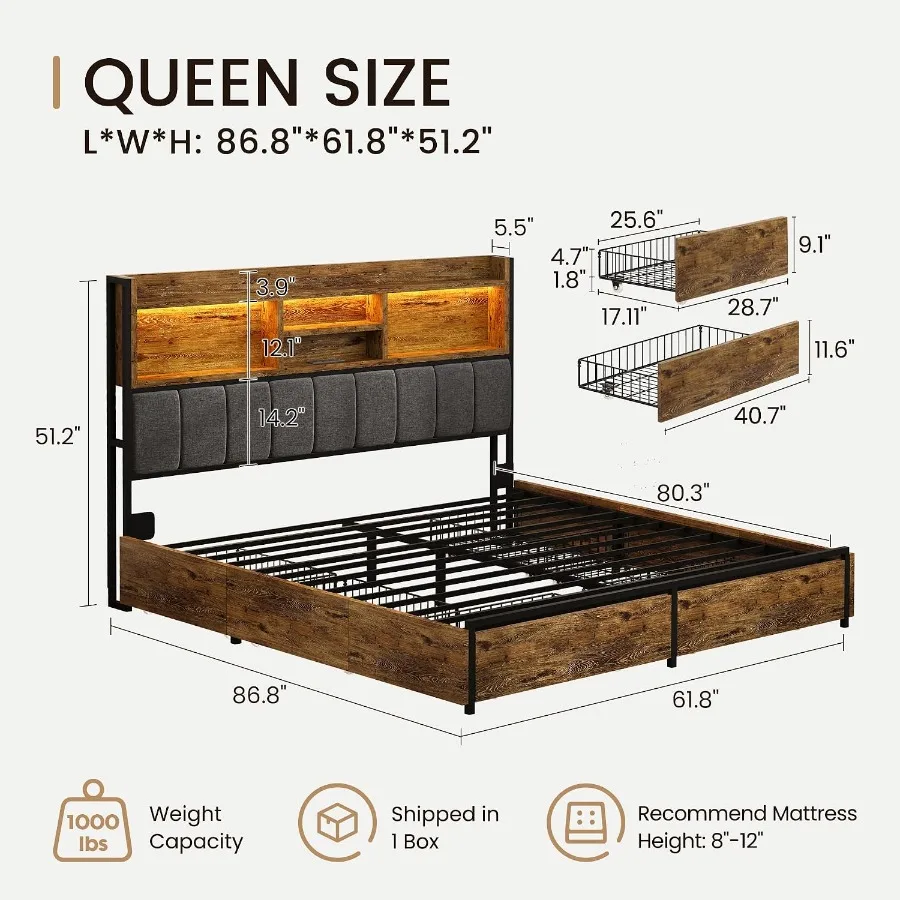 Bed Frame with 6 Storage Drawers, Linen Upholstered Headboard, Built-in USB Charging Station and LED Lighting, Silent Metal Sup