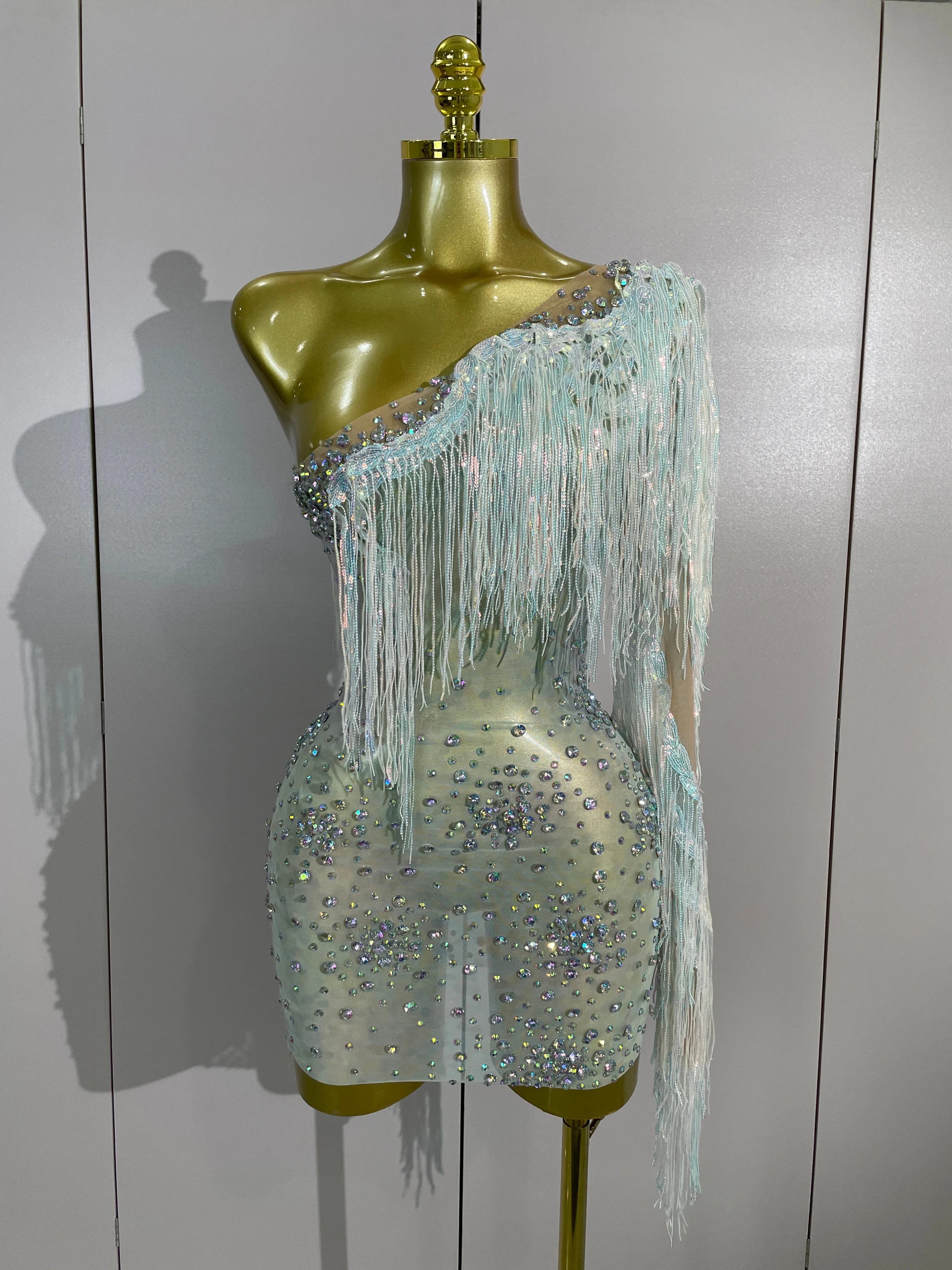 

Women One Shoulder Mesh See Through Mini Dress Sparkly Rhinestone Tassel Latin Dance Outfits Bar Nightclub Party Club Stage Wear