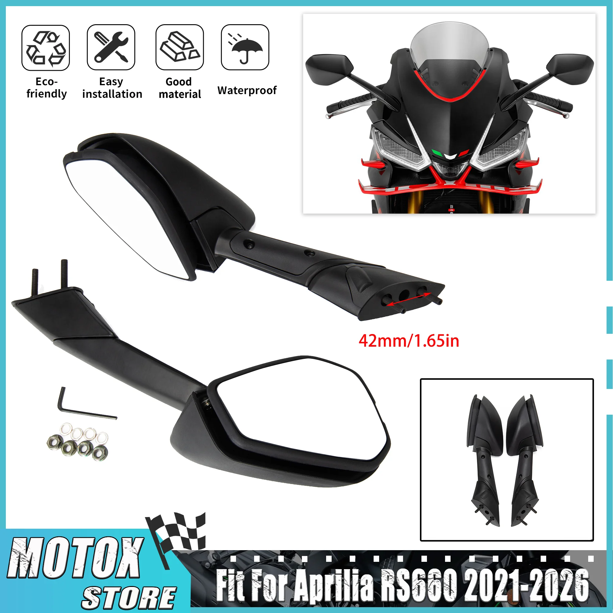 

Motorcycle Black Rearview Mirror Fit For 2021 - 2026 Aprilia RS660 RS 660 2022 2023 2024 2025 Rear View Side Mirror