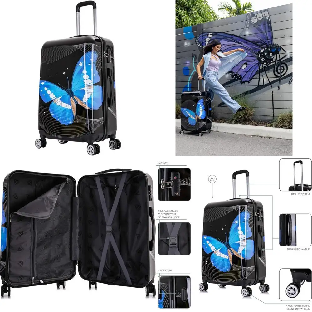 

Легкий прочный чемодан-спиннер с твердой поверхностью для путешествий с ручкой и тележкой, черный дизайн с принтом бабочки