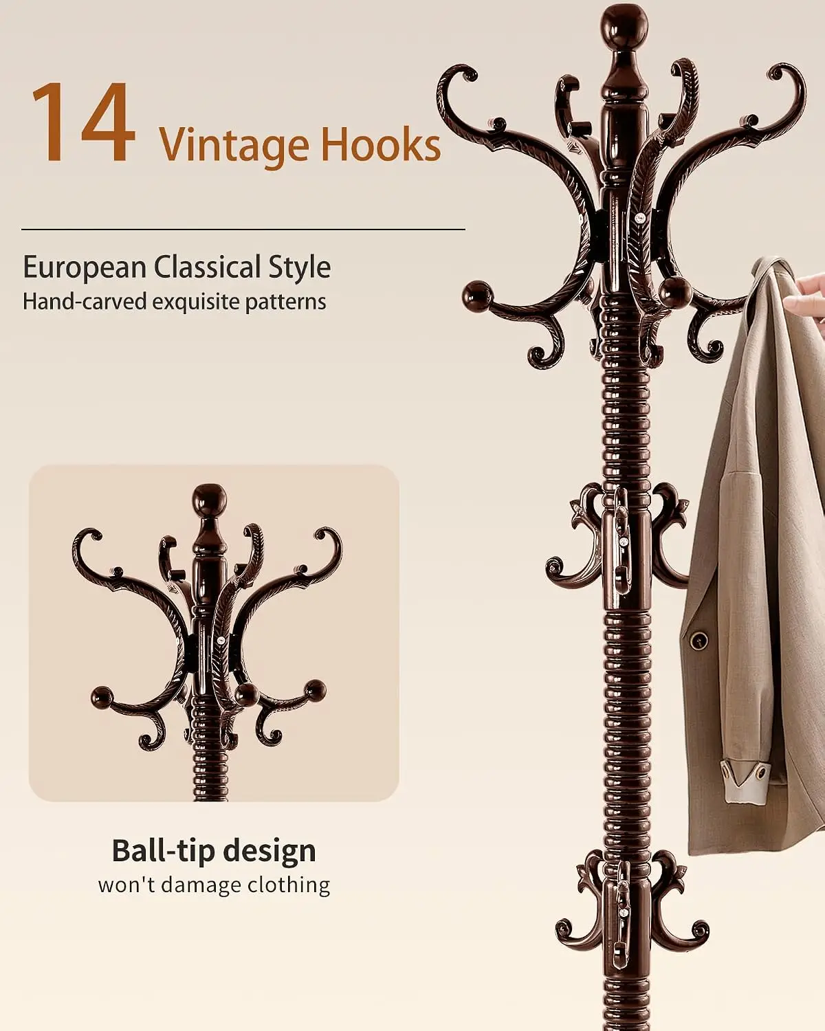 Wooden Coat Rack Freestanding, Solid Wood Coat Rack Stand with 14 Hooks, Vintage Heavy Duty Standing Coat, Sturdy Jacket Hanger