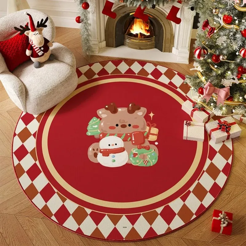 VIKAMA Christmas Theme Round Rug, for Holiday Living Room, Fireplace Under Christmas Tree, Machine Washable Non Slip Home Decor