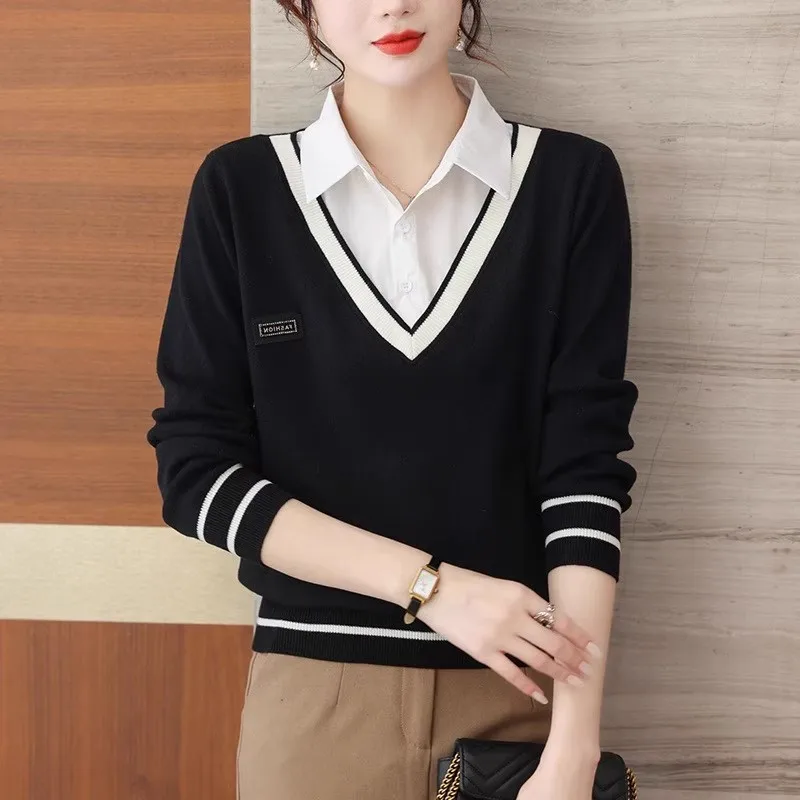 2024 New Spring Shirt Collar Knitted Sweater Women Fashion Fake Two Pieces Sweater Pullovers Korean Chic Tops Female Knitwear