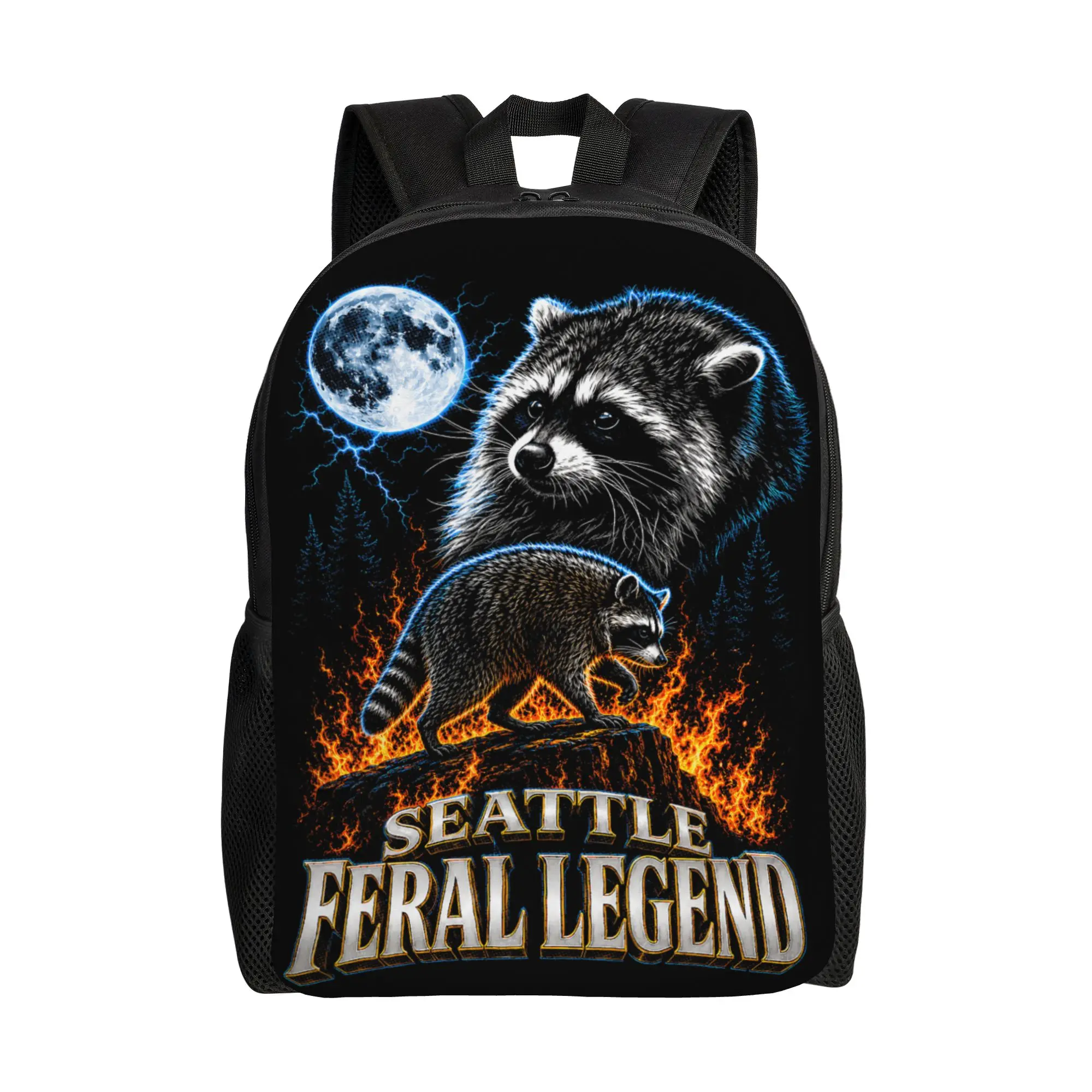 Jimothy Raccoon Seattle Feral Legend Moon Flames Bootleg Backpack  Kawaii Backpacks Unisex Travel Large School Bags Rucksack