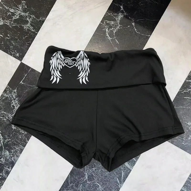 Y2K Retro Temperament Wing Patterned Printed Folding Shorts Stretch Slim Fit Streetwear Fashion Classic Shorts Women's Clothes