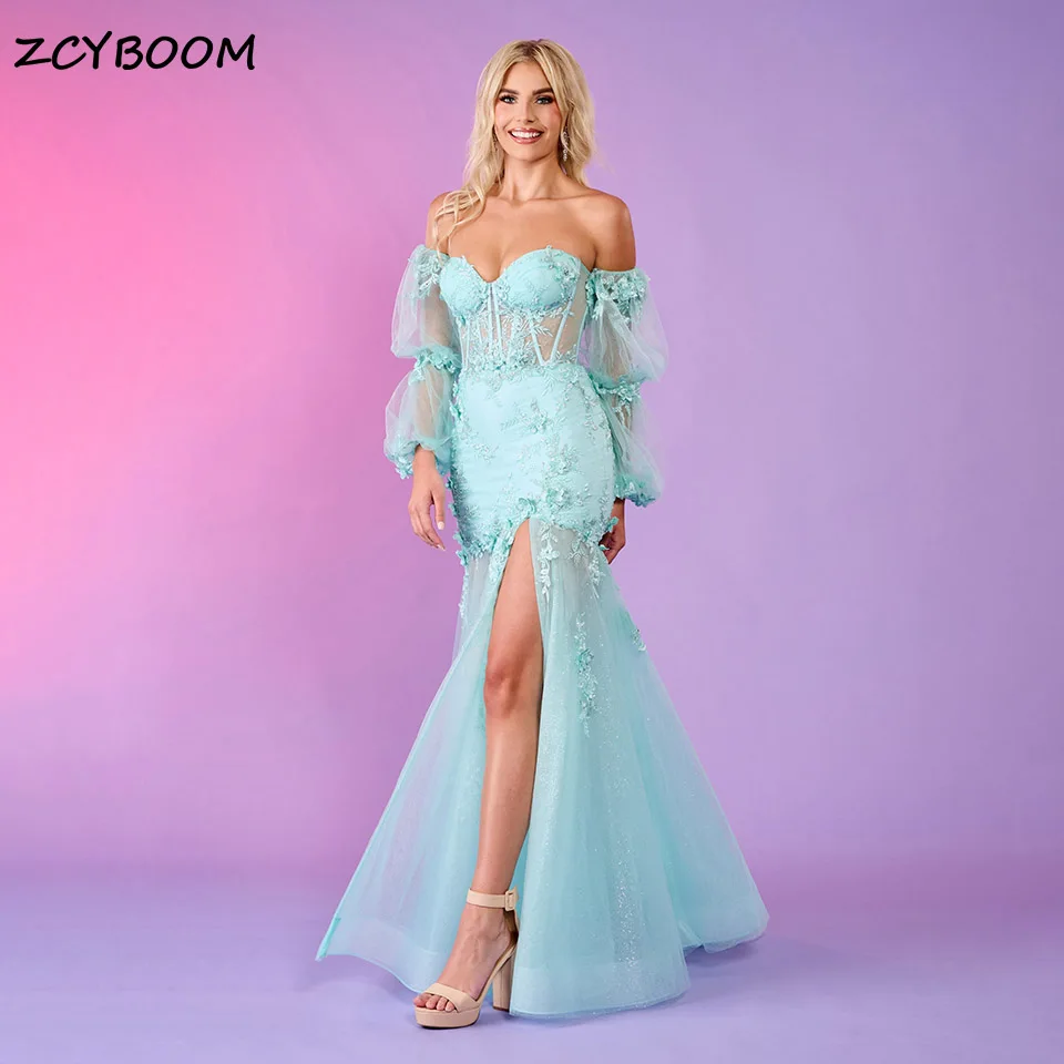 Personalizado encantador céu azul querida sereia vestidos de baile 2024 sexy alta fenda lateral rendas apliques cocktail festa vestido noite