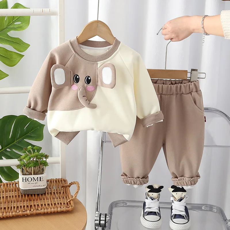 2026 Spring Autumn 1-5 Years Kids Color Blocking Set Cartoon Elephant Sweatshirt + Pants Boys Girls Casual Sports 2-piece Outfit
