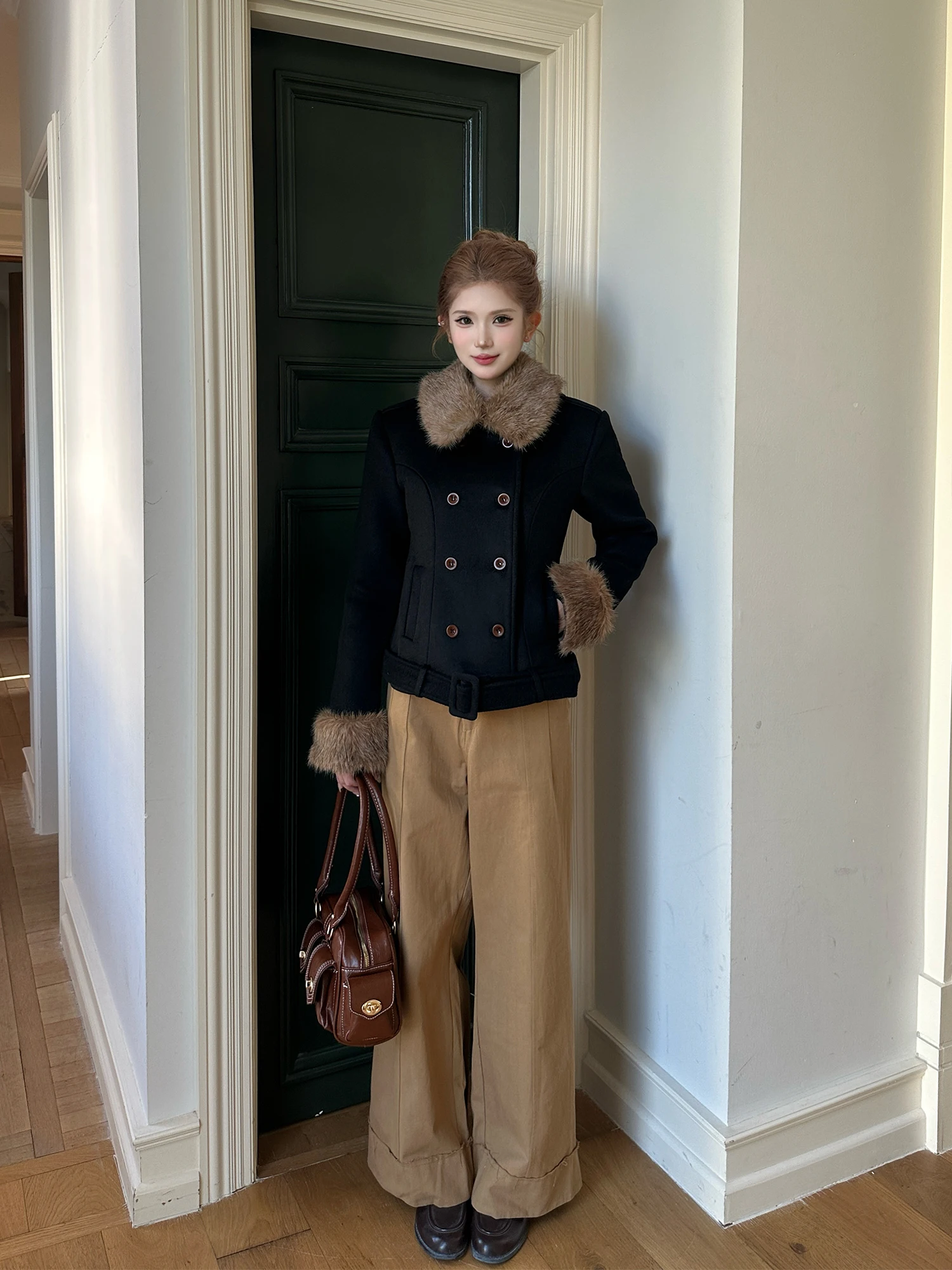 

MOXI London Miss Woolen Coat Retro Sle Slim Fit Waist Cinching Removable Fur Collar Double Breasted Long Sve Women's Jaet