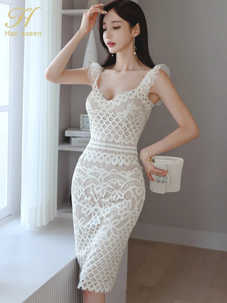 H Han Queen elegante Sexy matita di pizzo vestito aderente da donna scava fuori abiti Vintage semplici tubino OL lavoro abiti bianchi nuovo