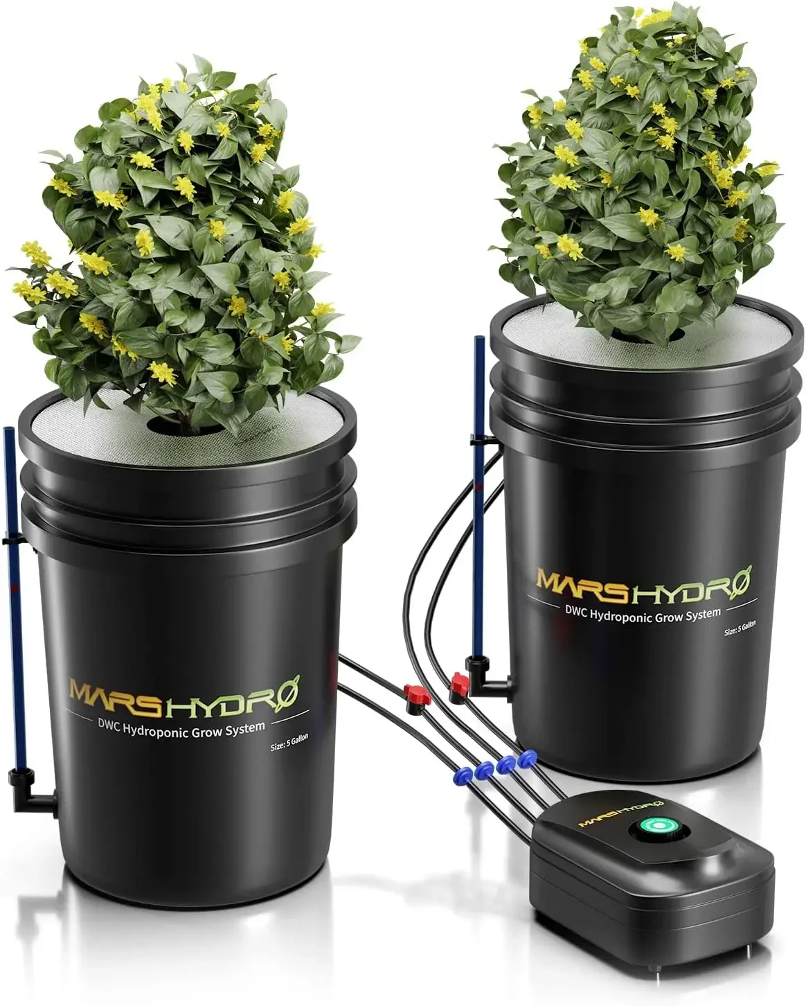 DWC Hydroponics Grow System 5 Gallon Deep Water Culture W/ 8W Air Pump Multi-Purpose Air Hose, Air Stone, 2 Buckets Top Drip Kit