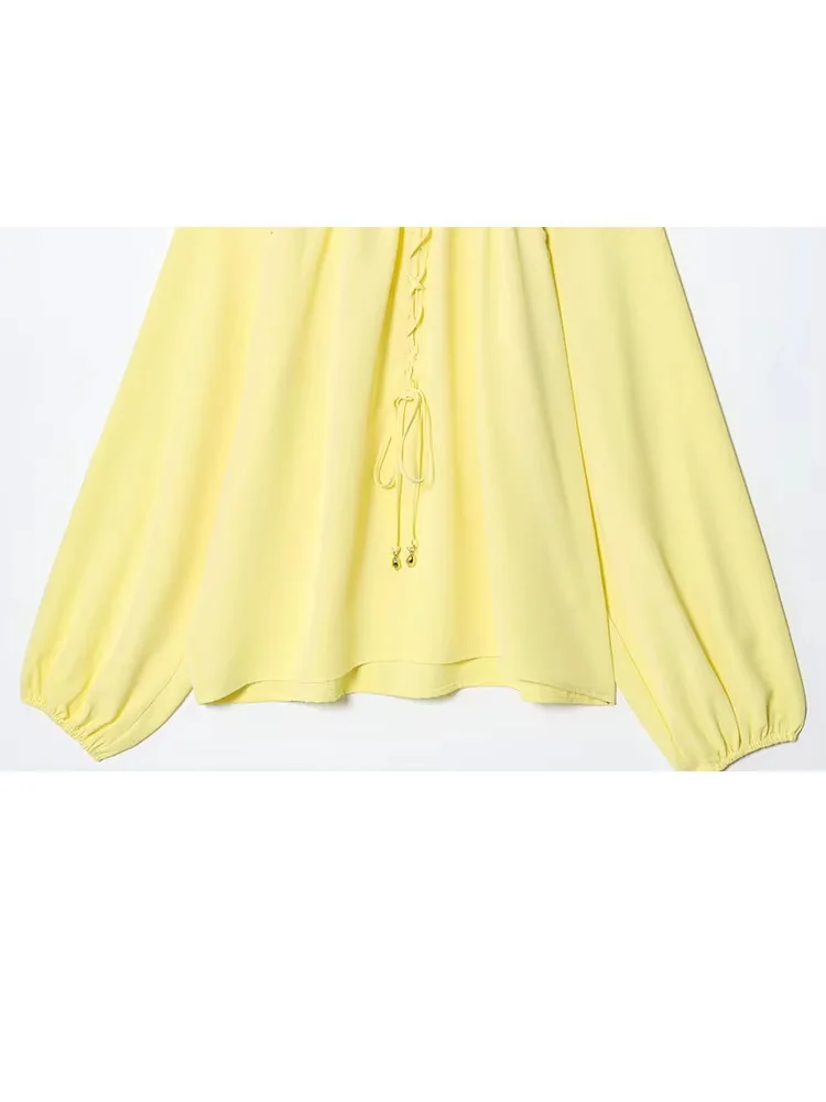 HH Vrouwen Herfst Casual Losse Blouses Geel Lantaarn Lange Mouwen Boog Lace-Up Decoratie Vrouwelijke Mode O-hals Shirts Trendy