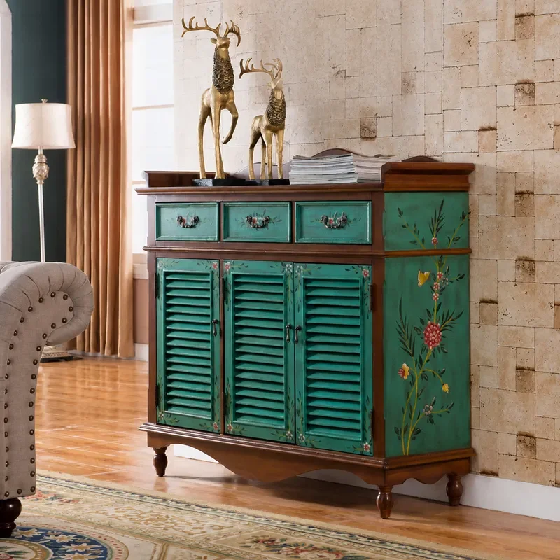 American Style Large Shoe Cabinet Entryway Storage with Three Drawers and Three Doors Living Room Decor Painted Furniture
