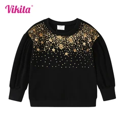 VIKITA Girl Star Sequined Sweatshirt Outwear Kids Long Sleeve Fall Spring Sports Fashion Casual Cotton Tops Children Clothes