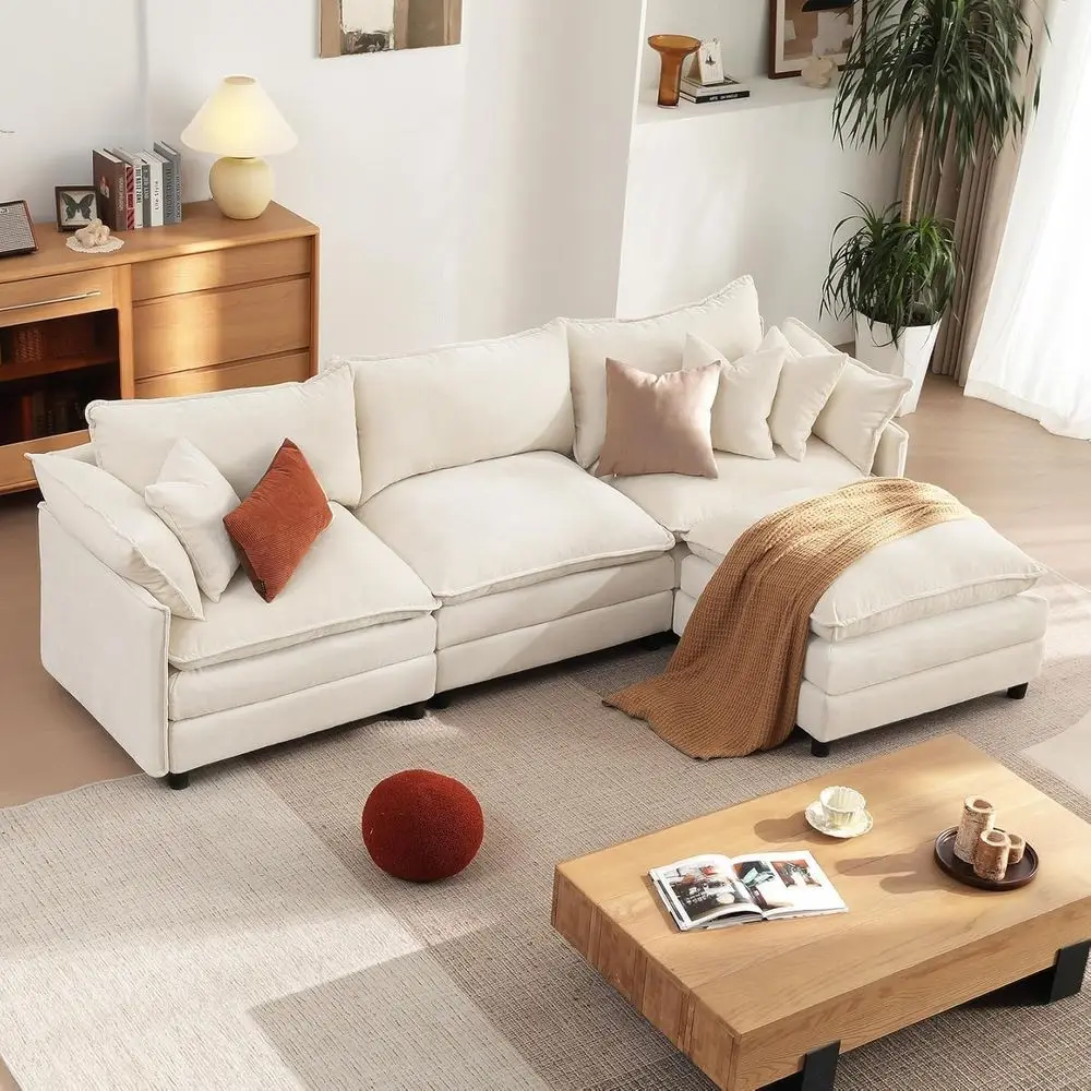 

Chenille Fabric L-Shaped Sectional Sofa with Ottoman, Deep Seating, for Living Room and Bedroom, Beige
