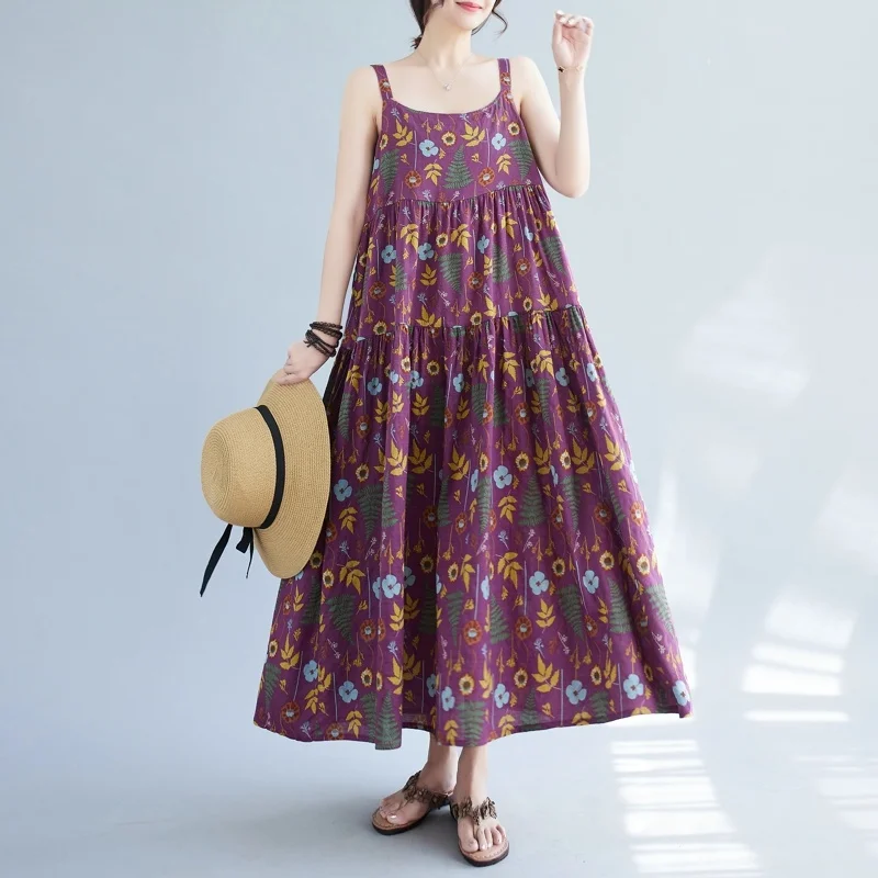 #6657 Blue Purple Backless A-line Dress Floral Printed Cotton Linen Spaghetti Strap Dress Women Loose Thin Ankle-length Summer