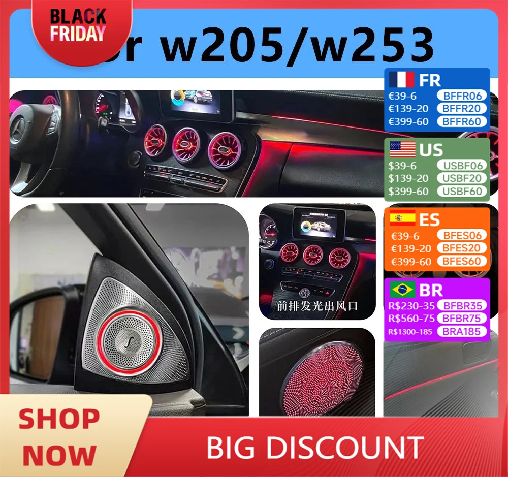 For Benz C/GLC C-Coupe W205 X253 For AMG C43 C63 Car Decorative Lamp MB LED Air Vents Nozzle Ambient Light 3D Tweeter Speaker