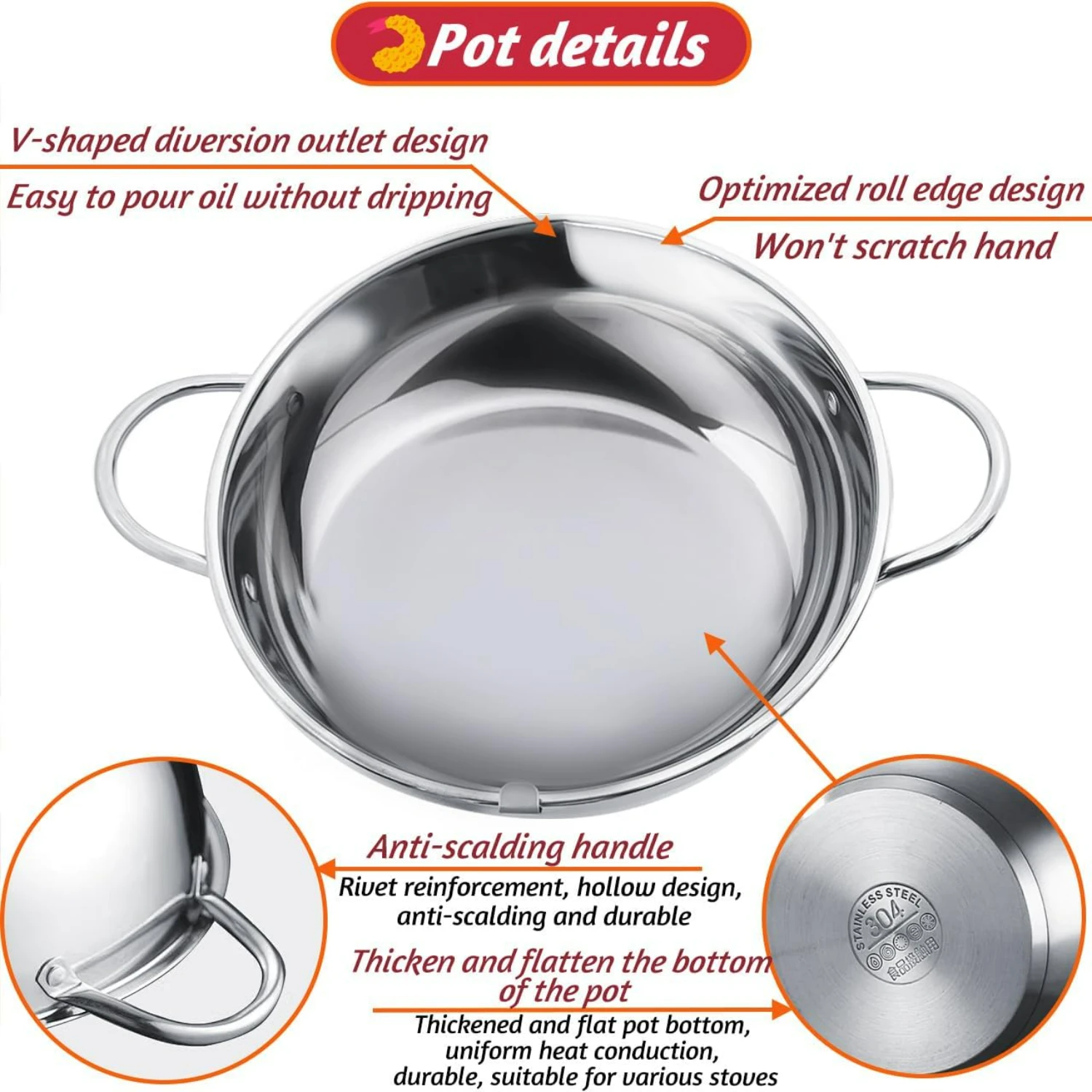وعاء مقلاة عميقة من الفولاذ المقاوم للصدأ على الطراز الياباني الصغير مقاس 11 بوصة مع غطاء لذيذ لمياه الفم - درجة حرارة ممتازة