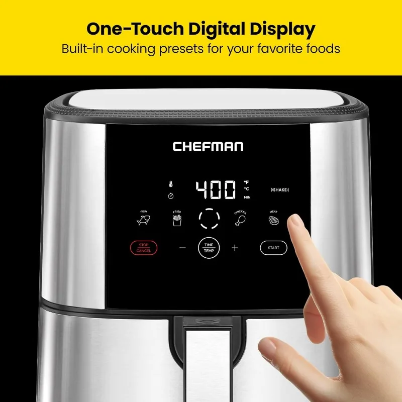 Chefman TurboFry Touch Air Fryer ขนาดใหญ่ 5 ควอร์ต ครอบครัว ตั้งค่าล่วงหน้าด้วยระบบควบคุมแบบดิจิตอลด้วยปุ่มเดียว เฟรนช์ฟรายส์ ไก่ เนื้อสัตว์ ปลา