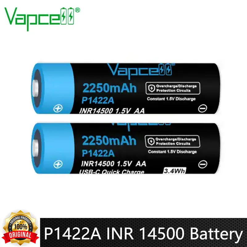 Original Vapcell INR 14500 USB Battery P1422A 2200mAh 1.5V 1.5A AA Type-C Li-Ion Rechargeable Battery 14500 For Flashlight