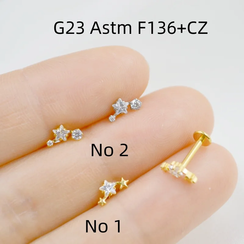 10pcs 16G G23 Titanium Astm F136 Star CZ  Internal Thread Lip Labret Bar Ear Helix Tragus Rook Barbells Stud Piercing Jewelry