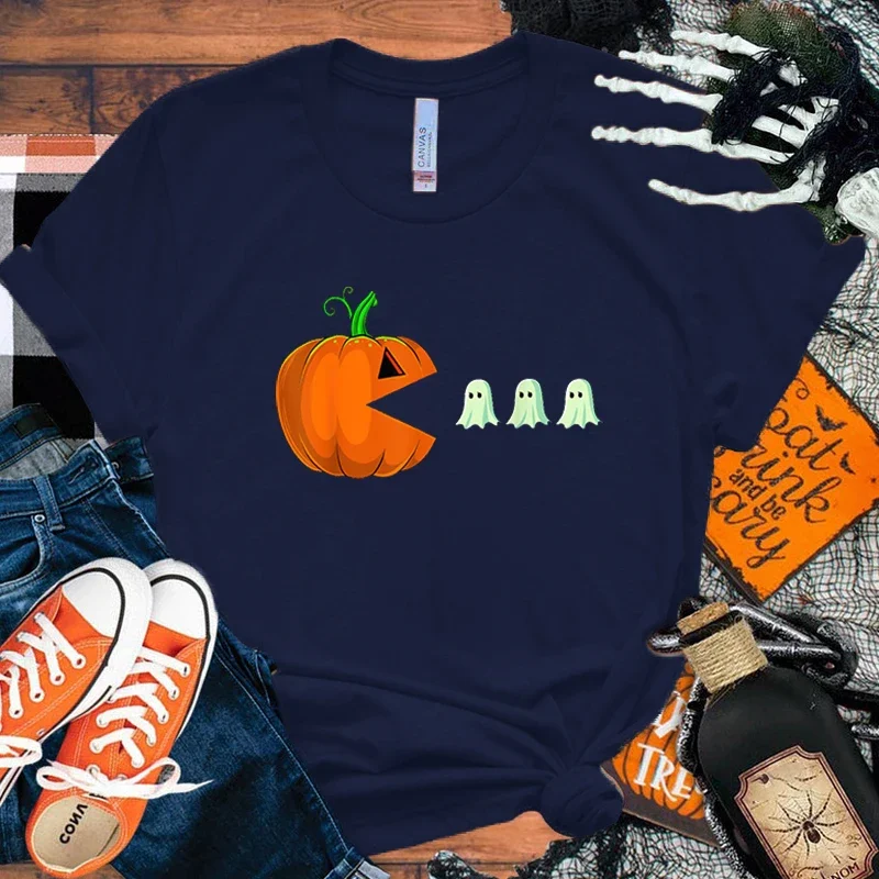 Halloween Pumpkin Boo Letter Print Koszulki z krótkim rękawem Damskie koszulki z dekoltem Letnie wygodne miękkie koszulki Topy Rozmiar Xxs-4Xl