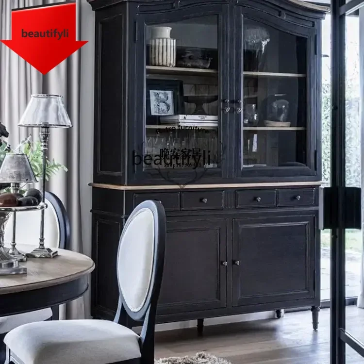 Q181 BAmerican rural solid wood dining side cabinet retro and old curved locker French black storage cabinet