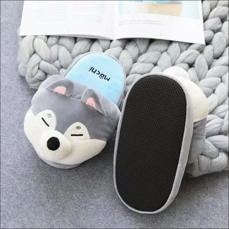 Cute Shiba Inu Cute Husky Cartoon Cotton Slippers Female Autumn And Winter Household Warm Indoor Non-Slip Shoes Couple Slides