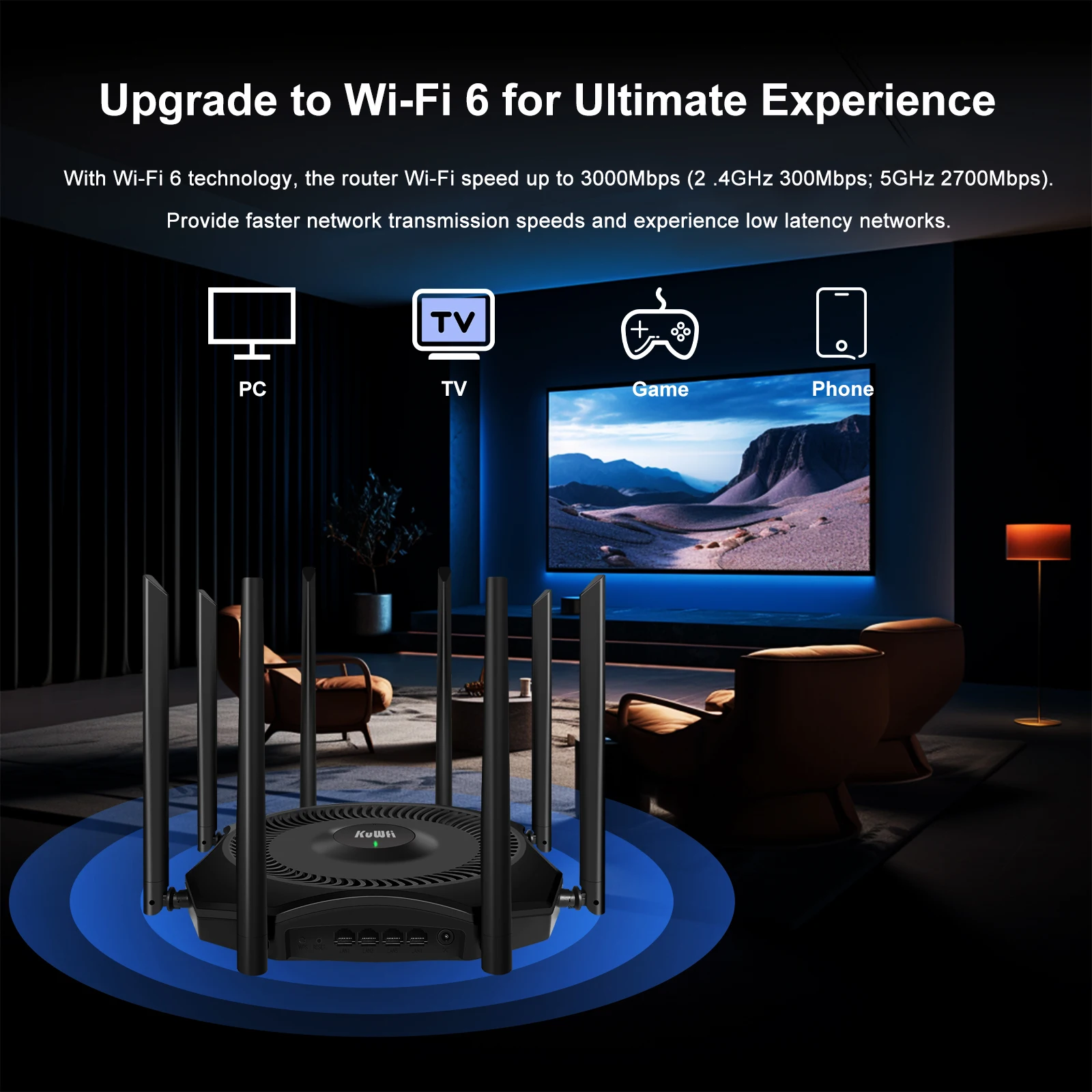 

KuWFi Dual Band Wireless Router 1200Mbps Wifi Range Repeater with 8*5dBi High Gain Antennas WPA3 Security Wider Coverage