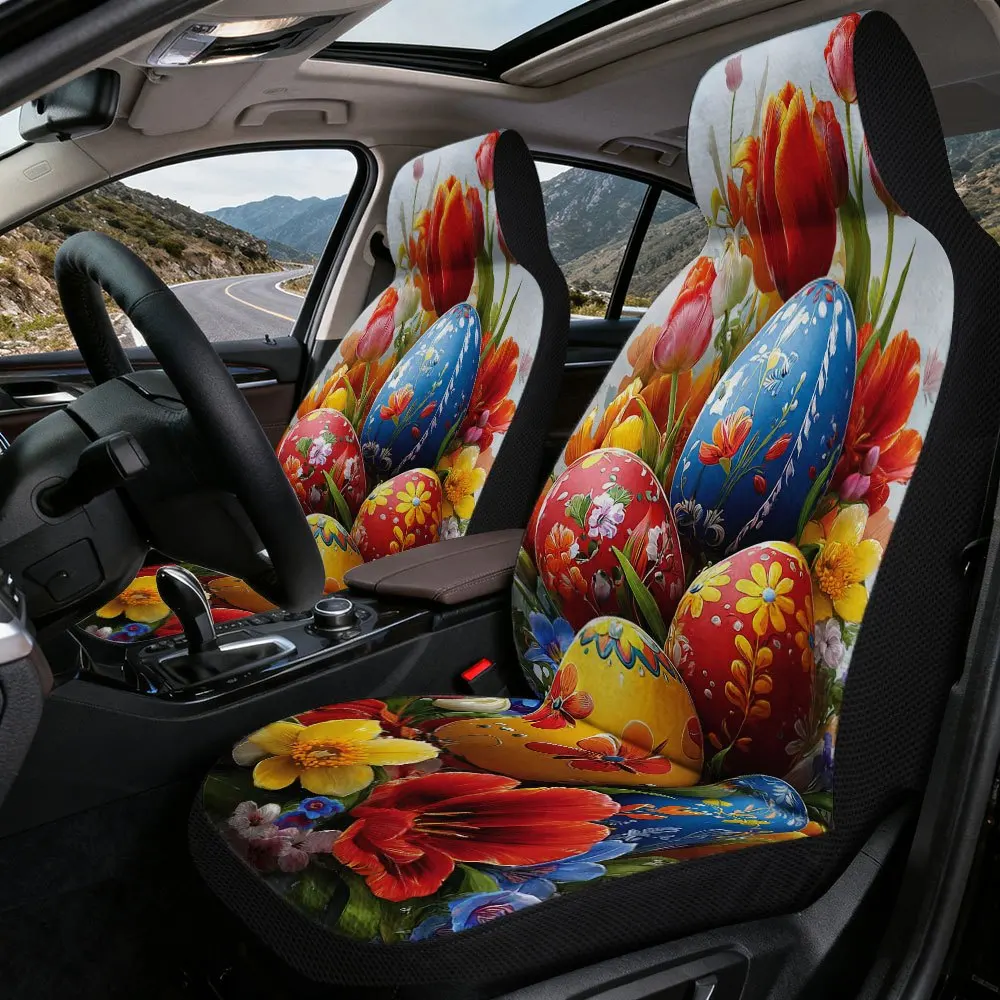 Set Of 2, Decorative Car Seat Covers Featuring Vibrant Easter Eggs And Tulip Designs, Made From Comfortable And Washable Materia
