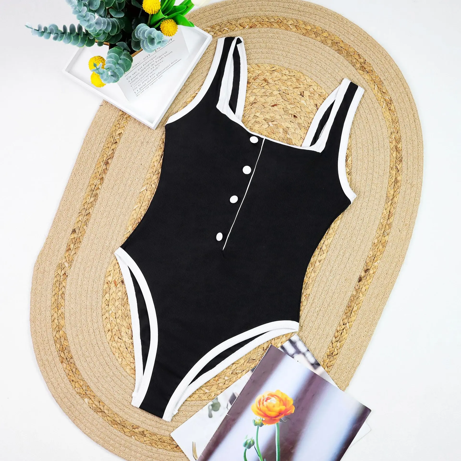 2026 Bikini One piece Swimsuit For Women Swimwear Sexy Beachwear Female Swim Suit Vintage Button Bodysuit Solid Bathing Suit