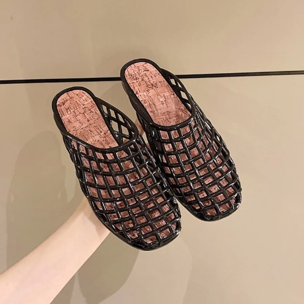 Zapatillas de cristal de PVC con punta redonda, sandalias de gelatina de red de pesca antideslizantes suaves, zapatos DIY transparentes de fondo plano y bajo, dijes