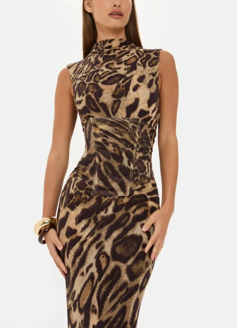 Leopardenmuster Tailliertes Slim-Fit-Kleid für Damen Zweiteiliges Set für Urlaub, Abendessen, Geburtstagsfeier Elegantes Damenkleid – Detail 7