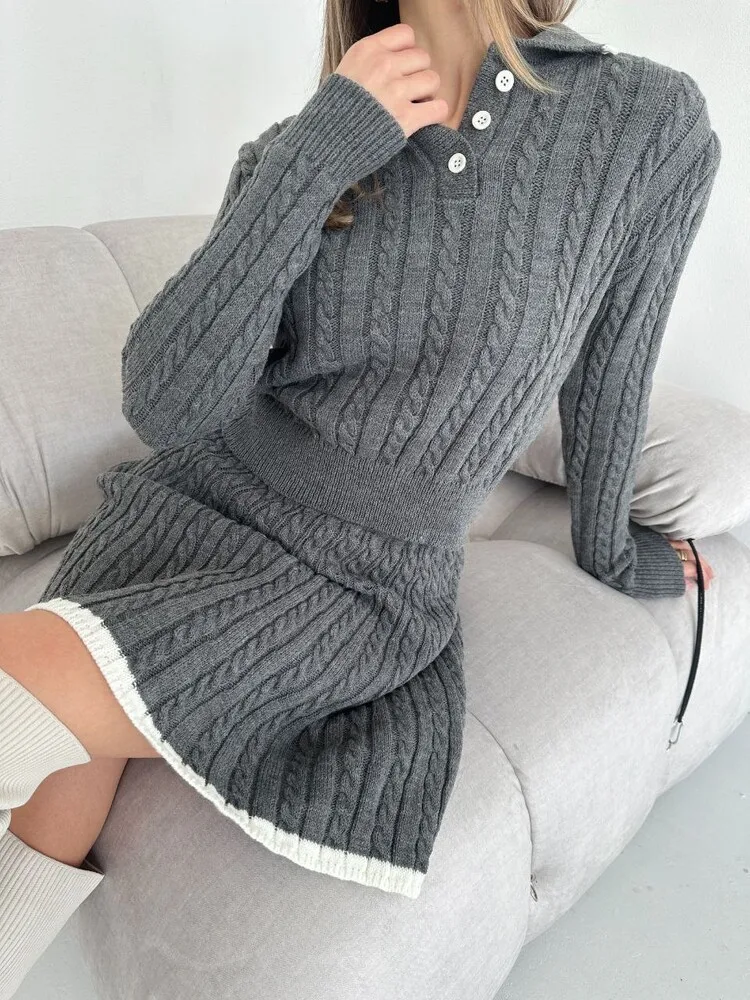 Women\'s Two Pieces Set 2024 New Autumn Casual Long Sleeve Turn-down Collar Knitted Button Sweater & High Waist Mini Skirt Set