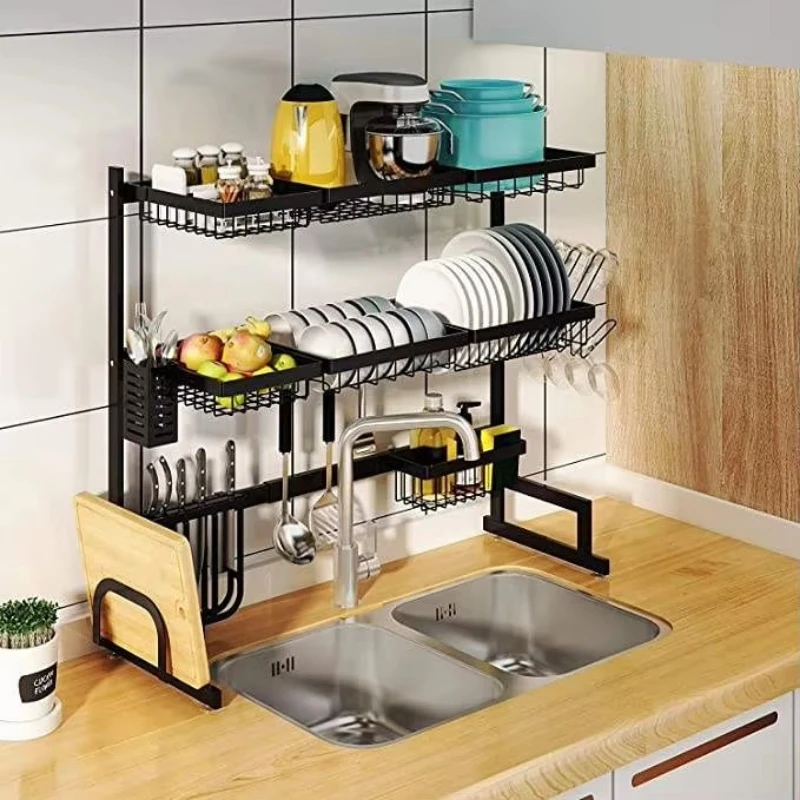 Price discount 3-layer multi-functional metal cabinet sink tray rack drainage drying storage rack