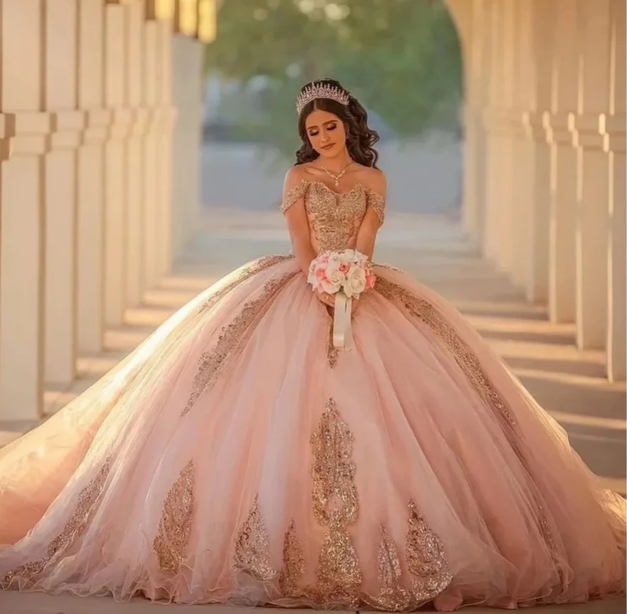 Vestido de baile princesa Quinceanera, Apliques de tule rosa, ombro, 16 vestidos doces, 15 anos, mexicano