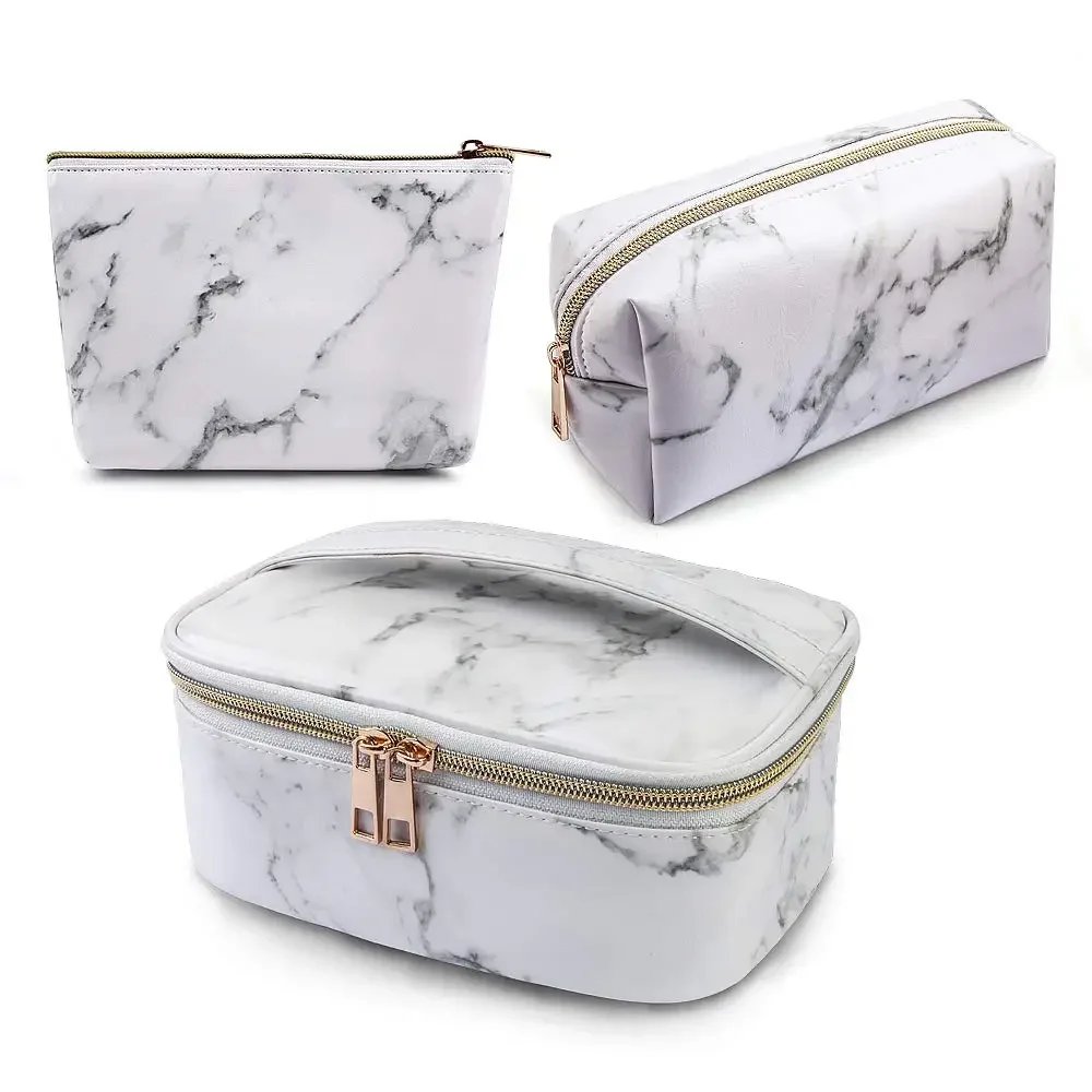# Hot Sales 3Pcs Makeup Bags Portable Travel Cosmetic Bag Waterproof Organizer Multifunction Case With Gold Zipper Marble Toilet