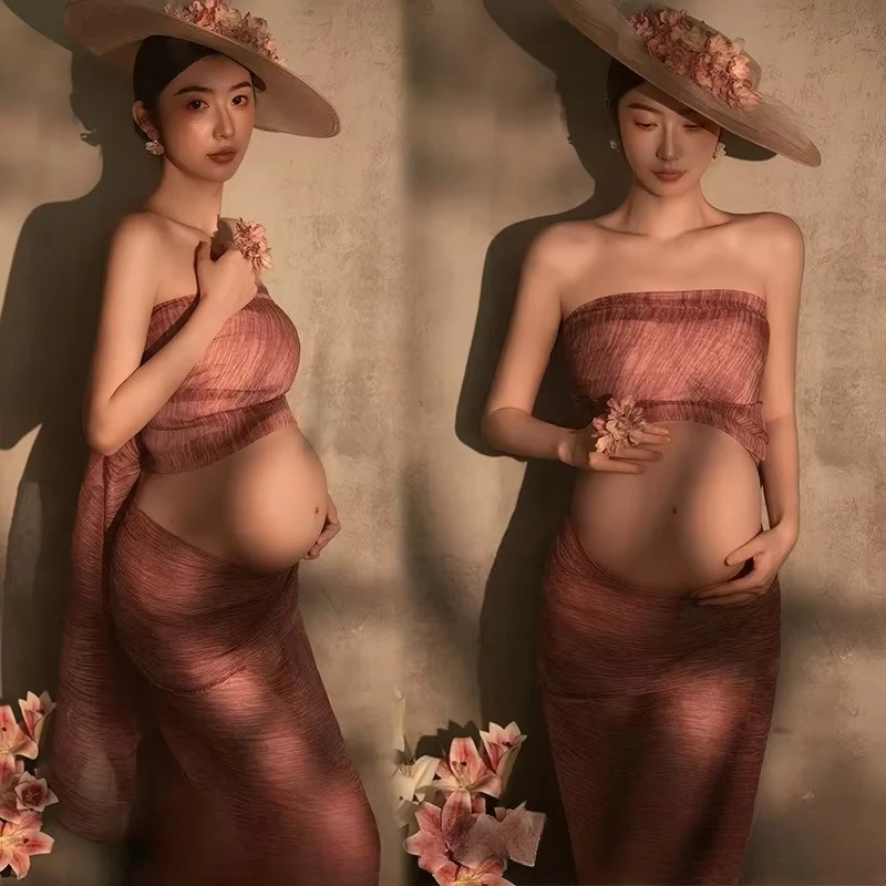 

Женское платье для беременных для фотосессии, элегантный топ в стиле ретро с тканевыми элементами, комплект из 2 предметов, одежда для беременных для фотосессии в студии