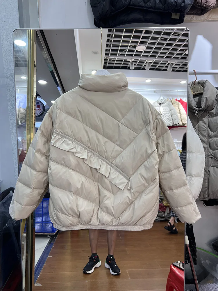 2025 Winter Neue Daunenjacke für Damen, kurzer Stil, koreanischer Stil, Spitze, Stehkragen, lässig, vielseitig, weiße Ente, Daunenmantel