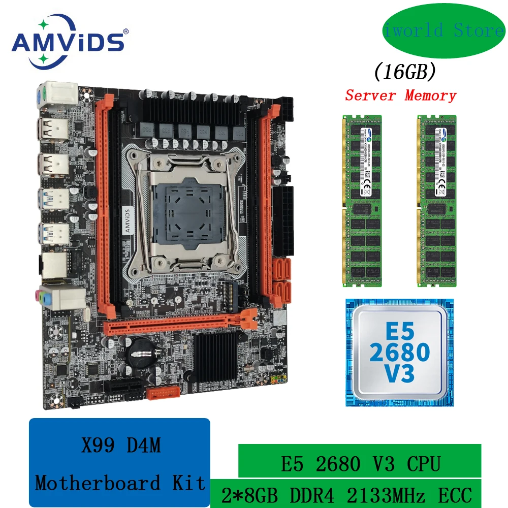 kit combo amvids x99 motherboard xeon e5 2680 cpu v3 16gb 2x8gb ddr4 memoria recc 2133mhz conjunto lga 20113 m2 nvme sata 01