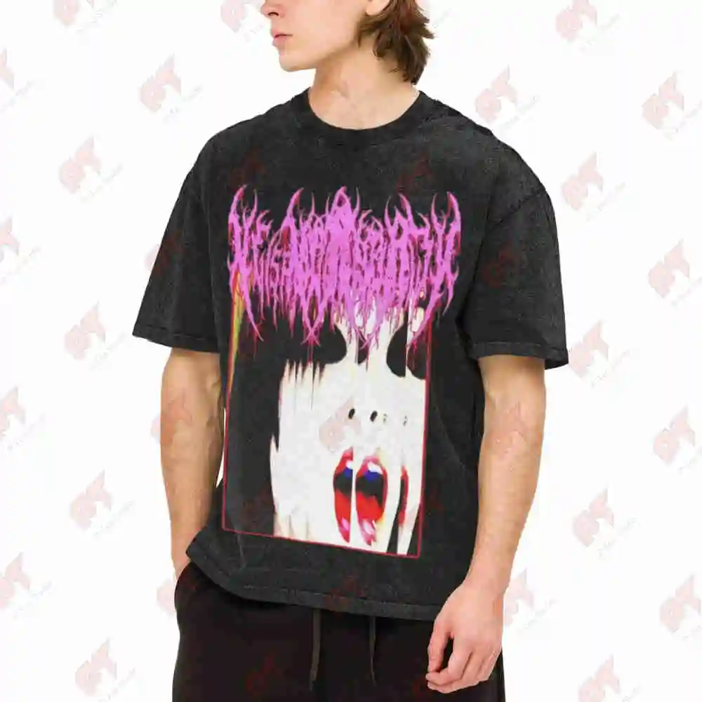 Gothic Y2K Harajuku Pink Accent Vintage Washed Tee Pure Cotton T-Shirt