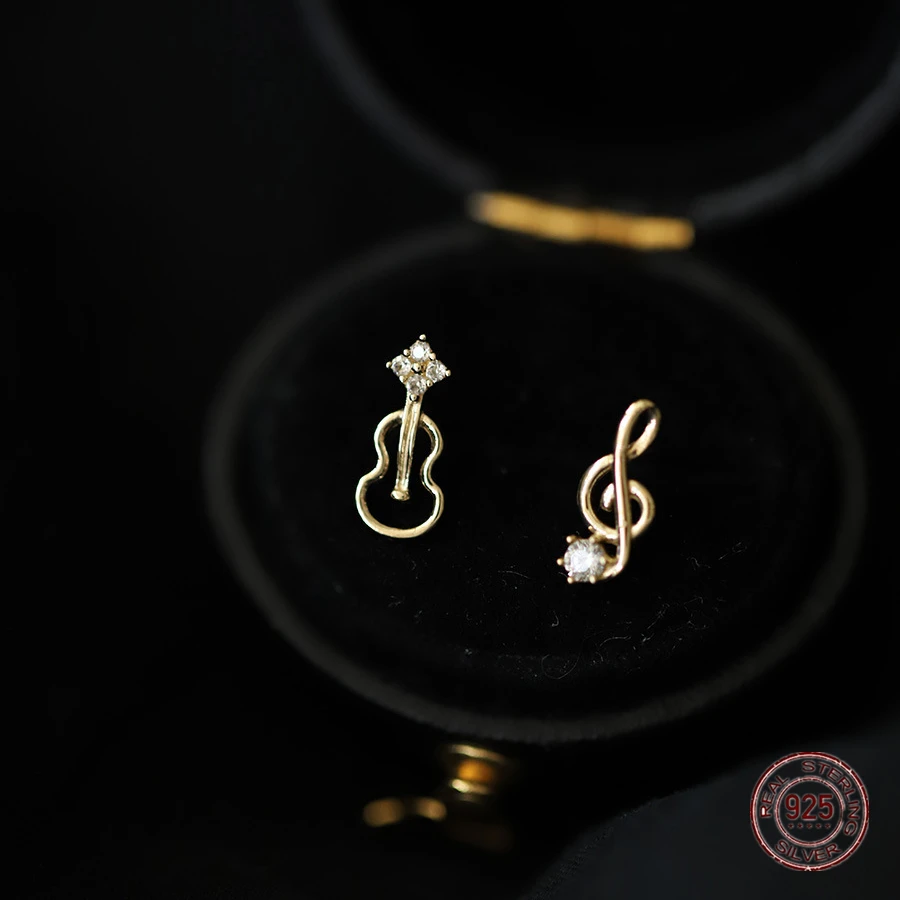 925 Sterling Silver Musical Note Violin Stud Earrings for Girls Trend 2023 Hollow Out Mini Korean Earring Lady Piercing Jewelry