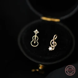 925 Sterling Silver Musical Note Violin Stud Earrings for Girls Trend 2023 Hollow Out Mini Korean Earring Lady Piercing Jewelry