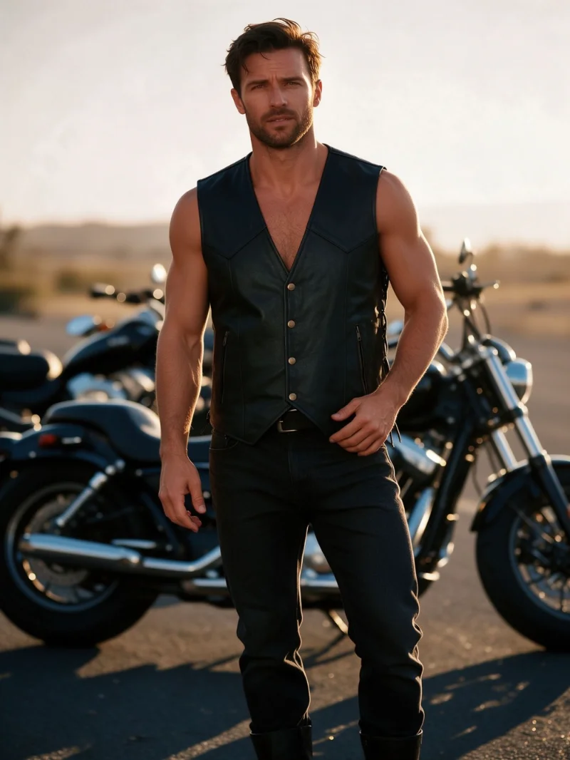 Men's Black Leather Vest Punk Motorcycle Biker Waistcoat V Neck Snap Button Zipper Pockets Lace Up Side Gothic Vintage Costume