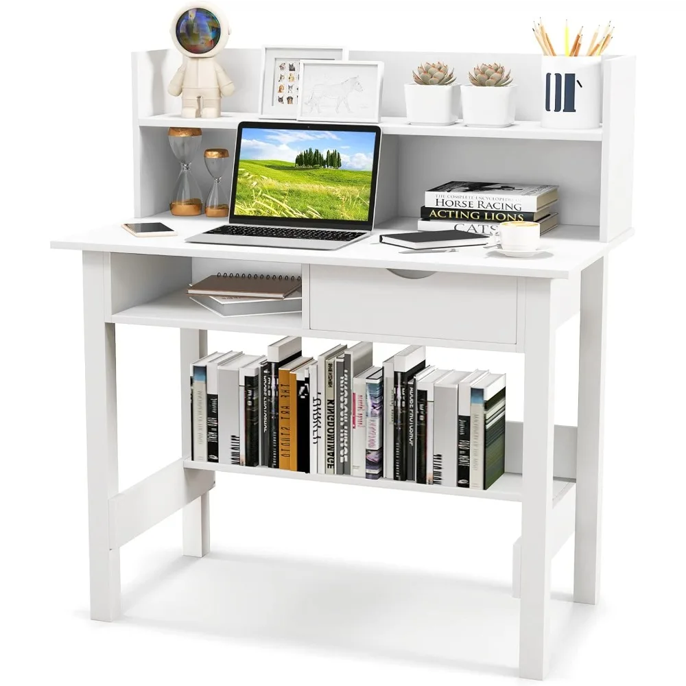 White Desk with Hutch, Home Office Writing Study Desk with Storage Bookshelf & Drawer, Modern Makeup Vanity Desk for Bedroom