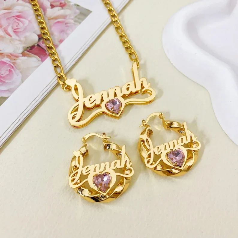lateefah Twisted earring Band, choose heart stone personalized jewelry set, custom name Double nameplate necklace and birthstone